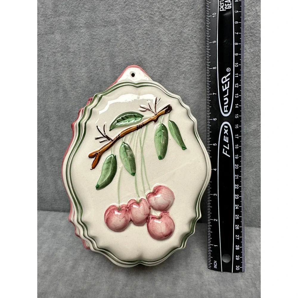 Vintage Ceramic Cherry Jelly Mold Wall Hanging‎ Pink Green Cream Farmhouse Decor